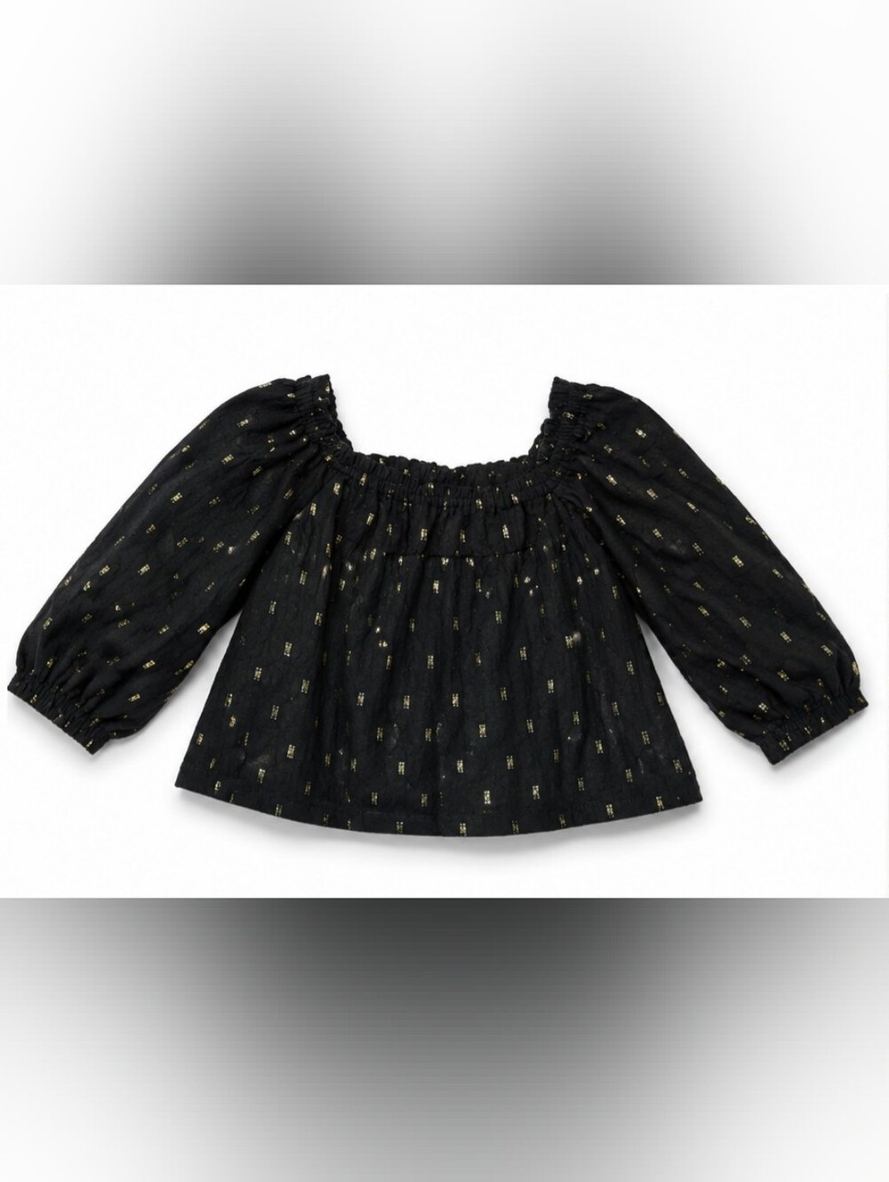 Old Navy Black Puff-Sleeve Top with Gold Foil Pattern | Girls Size 18-14M